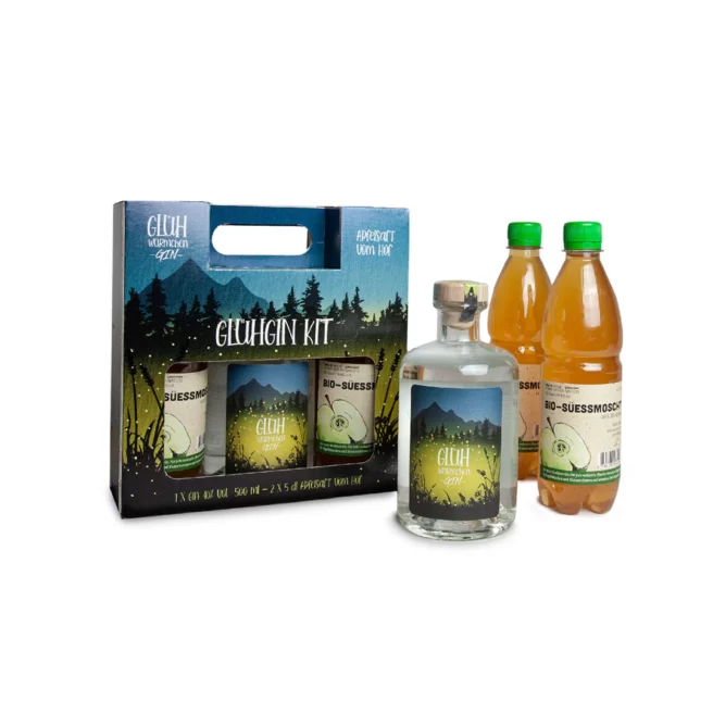 Kit Glüh Gin composé de 0,5L de gin Glühwürmchen et de 1L de jus de pomme bio.
